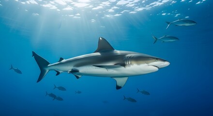 Obraz premium A gray reef shark swimming underwater with school of fish