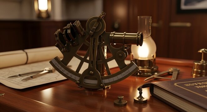 An antique sextant lies on a wooden desk with a lit lamp, papers, and books nearby indoors.