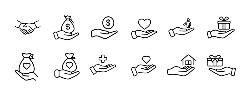 Charity and donation outline icon set featuring hand giving money bag, heart care, medical aid, house donation, gift box, and more vector illustration on editable stroke