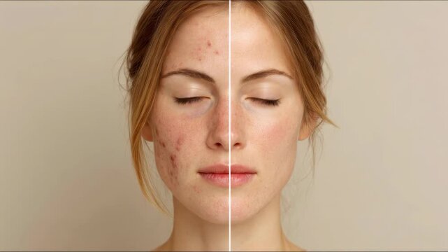 Young woman's face, problematic skin, visible acne, pimples, enlarged pores before treatment, clear healthy skin after professional care, therapeutic cream, mask regimen