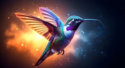 Obraz premium Vibrant hummingbird in flight with iridescent feathers and sparkling background