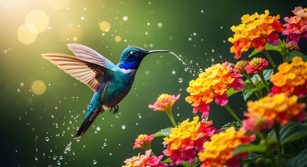 Obraz premium Hummingbird sips nectar from vibrant flowers in a sunlit garden