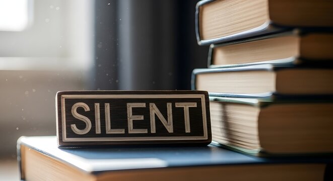 A stack of books with a silent sign on top indoors daytime
