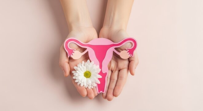 Female reproductive system paper cutout in hands, pink uterus and ovaries anatomy with white flower, women health and gynecology concept