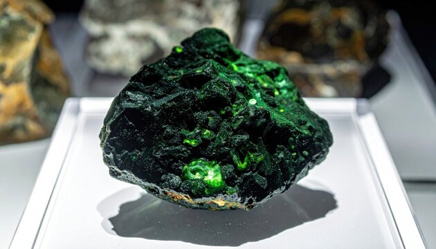 A rough, greenish-black uranium ore specimen exhibiting subtle natural luminescence, showcasing its unique radioactive glow in a geological display.