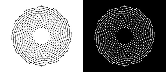 Abstract circular spiral pattern with dotted lines and radial geometry. Minimalist vector illustration of digital vortex or technical blueprint isolated on black and white backgrounds.