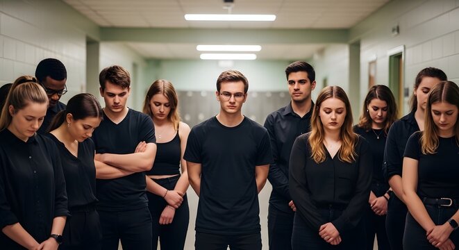 A group of young adults standing somberly in a dimly lit hallway wearing black.