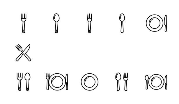 Catering thin line icon set with fork spoon knife and plate symbols for restaurant and food UI vector