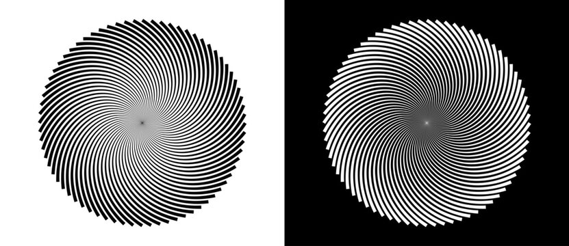 Abstract circular spiral pattern with dense radial curved lines. Minimalist vector illustration of optical illusion sunburst isolated on black and white backgrounds.