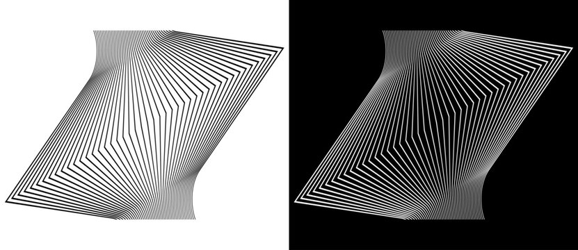 Abstract geometric wave pattern with parallel distorted lines. Minimalist vector illustration of perspective linear shape isolated on black and white backgrounds.