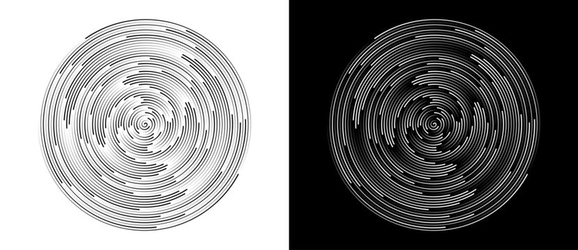 Abstract circular pattern with dense concentric dashed lines. Minimalist vector illustration of digital vortex or spinning vinyl record texture isolated on black and white backgrounds.