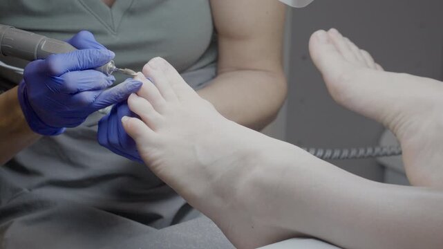 Closeup podiatry pedicure treatment showing technician using rotary file on toenail. Bright clinical lighting, blue gloves.