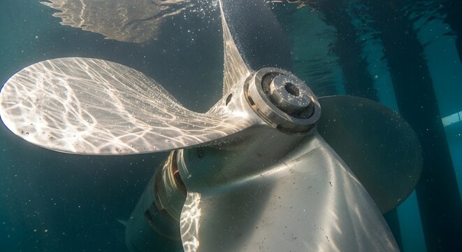 Large metallic ship propeller spinning underwater with sunlight filtering through