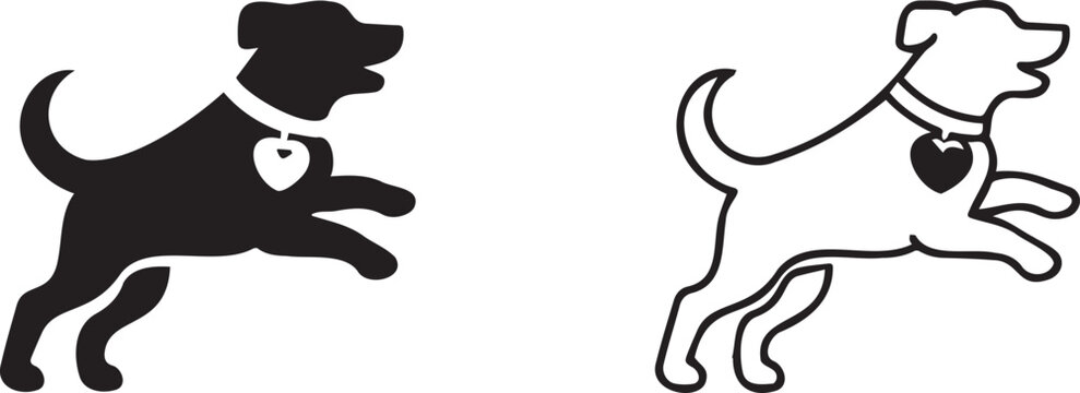 Minimalist jumping dog vector icons, playful puppy silhouettes with heart collar tags, black and white canine pet illustrations for logo design