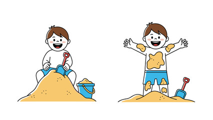 Fototapeta premium Young boy enjoys playing in a large sand pile with a plastic shovel and bucket while wearing blue shorts in these illustrated scenes.
