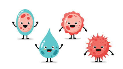Fototapeta premium Collection of friendly cartoon microbes and water droplets with happy facial expressions and colorful stylized designs.