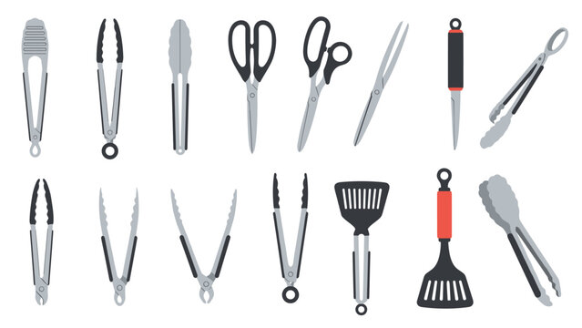 Comprehensive set of kitchen utensils including various types of metal tongs and spatulas for cooking and serving food.