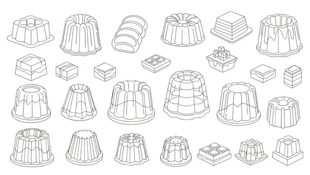Extensive collection of line art outlines showing different shapes and designs for cakes, puddings, and decorative dessert molds.