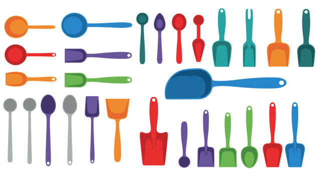 Large assortment of colorful plastic shovels, scoops, and spoons of various sizes and shapes for play or gardening.