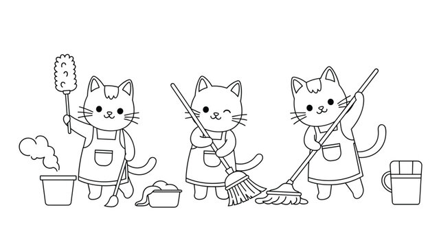 Three cute cartoon cat characters wearing aprons and cleaning with a feather duster, broom, and mop in a line art style.