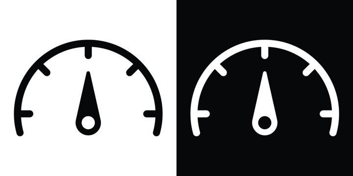 Minimalist speedometer or gauge icon set. Black and white vector illustrations featuring a circular dial with a needle pointer. Ideal for performance, speed, and measurement concepts.