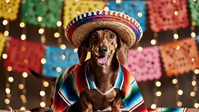 Cute dachshund dog wearing sombrero and serape in festive setting