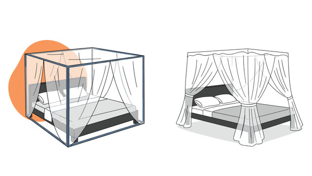 Four-poster bed designs with decorative mosquito netting shown in both colored and line art versions for interior concept.