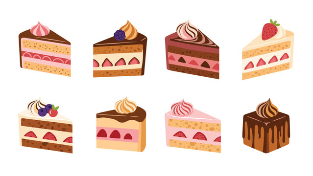 Delicious assortment of cake slices featuring various layers of cream, sponge, and fruit toppings like strawberries and berries.