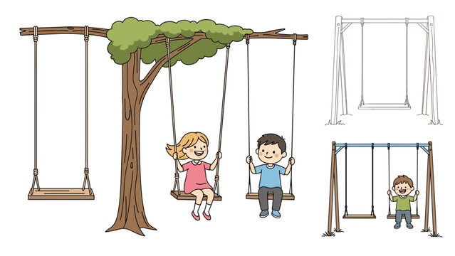 Happy children play on different types of swings including a tire swing on a tree and traditional metal frames in outdoor playground scenes.