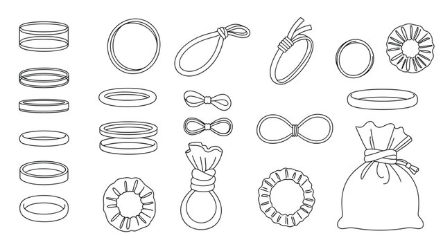 Collection of hair accessories including elastic bands ties scrunchies and a drawstring pouch is presented in a clean line art style.