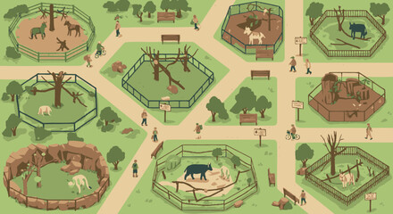 Fototapeta premium Zoo Animals in Enclosures with Visitors Observing.