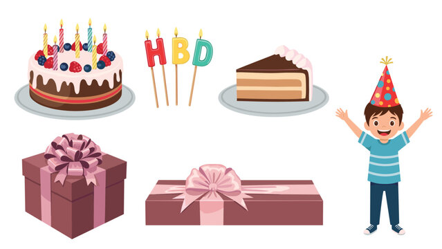 Birthday celebration set featuring a whole cake a slice presents a boy in a party hat and celebratory candles.