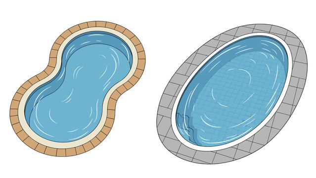 Overhead view of two swimming pool designs including a freeform shape with tan tiles and an oval shape with gray stones.