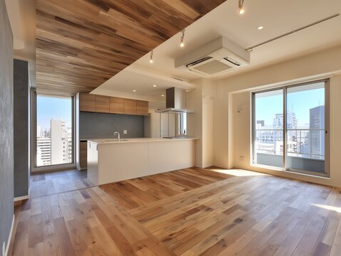 天然木のフローリングと木目調の天井が温かい開放的なカウンターキッチンのあるLDK