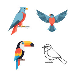 Obraz premium Geometric Birds Collection: Eagle, Toucan, Flying Bird, Outline Bird