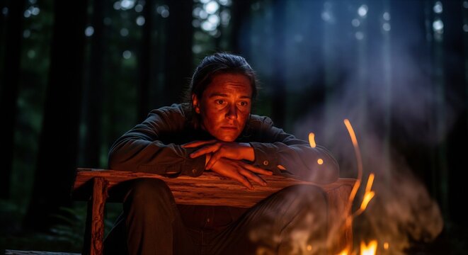 Pensive Woman by a Glowing Campfire in a Tranquil Forest at Night, Deep in Thought