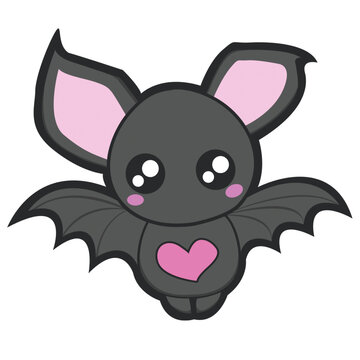 Cute kawaii bat cartoon with heart, halloween character illustration