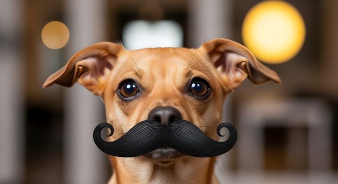 Cute dog with fake mustache in warm home setting, April fools day

