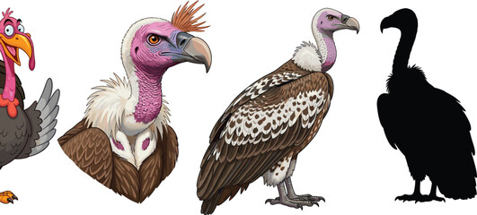 Fototapeta premium Vulture Bird Character Vector Set with Realistic and Cartoon Styles Including Portrait Full Body and Silhouette Wildlife Illustration Collection