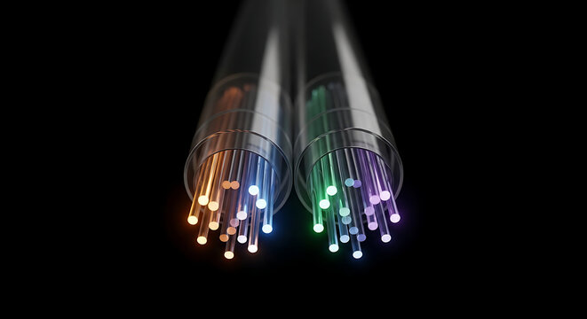 Two bundles of fiber optic cables illuminate with colorful gradients on black.