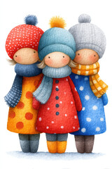 Fototapeta premium Cute watercolor illustration of three children in winter clothes, colorful coats and hats, adorable characters with cozy seasonal friendship vibe