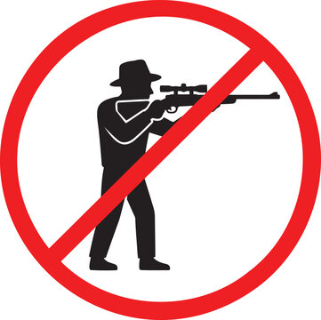 No hunting silhouette sign showing a man with a rifle inside a red prohibition circle, shooting restricted area warning, wildlife protection icon, private property safety alert for outdoors.
