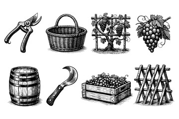 Obraz premium Vintage illustration of vineyard harvest tools and produce, a charming collection