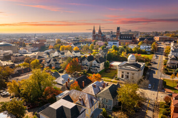 Scenic city of Macon, Georgia highlighting historic district with vintage buildings, urban streets and preserved southern American architectural landscape. © bilanol