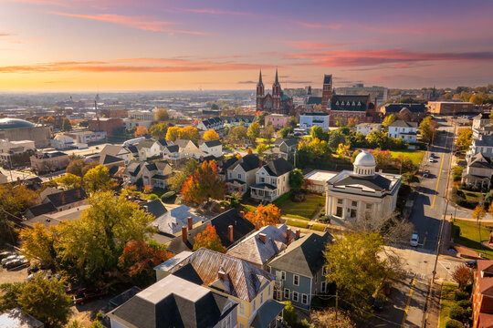 Scenic city of Macon, Georgia highlighting historic district with vintage buildings, urban streets and preserved southern American architectural landscape.