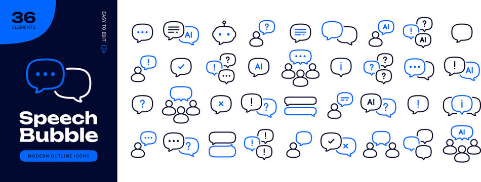 Modern AI chatbot and speech bubble outline icon set, linear blue communication symbols, artificial intelligence message and dialogue line art collection, thin line chat bubbles for UI UX design