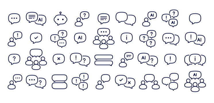 Modern AI chatbot and speech bubble outline icon set, linear people communication symbols, artificial intelligence message and dialogue line art collection, thin line chat bubbles for UI UX design