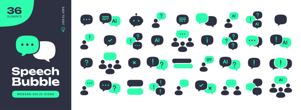 Modern AI chatbot and speech bubble neon icon set, premium people communication symbols, artificial intelligence message and dialogue collection, mint green chat bubbles for UI UX design