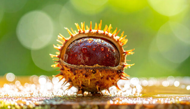 Horse Chestnut in Spiky Shell with Water Droplets Blurred Green Background conker