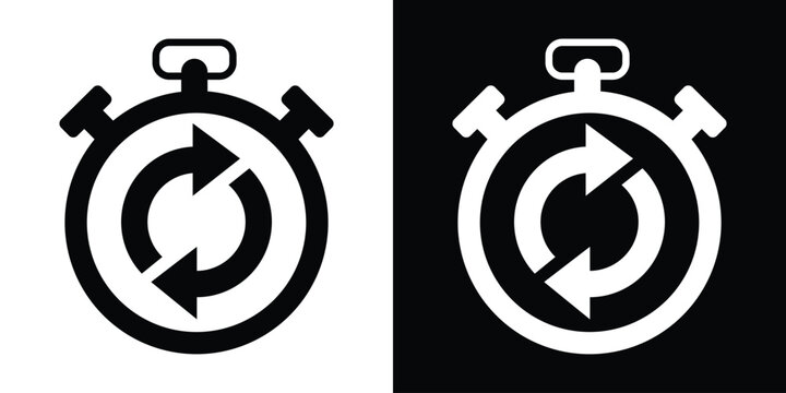 Stopwatch icon featuring circular refresh arrows. Symbol for recurring time, countdown cycles, or process updates. Modern flat design for UI/UX and time management apps.